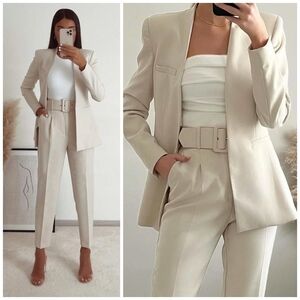 Zara Cream Inverted Lapel Long Blazer Jacket